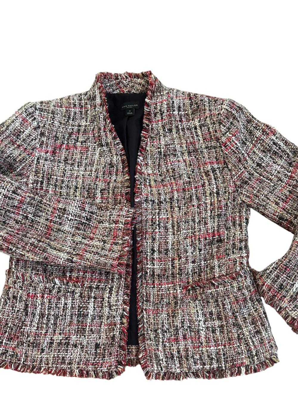 Ann Taylor Factory Multicolor Tweed Open-Front Jacket Red/black/white/tan Mix